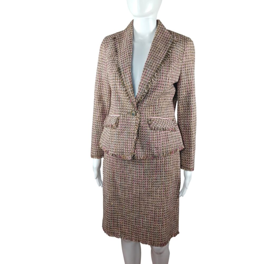 Size 2P 4P Sigrid Olsen Sport Pink Gold Tan Tweed Jacket Skirt Set Cotton Blend